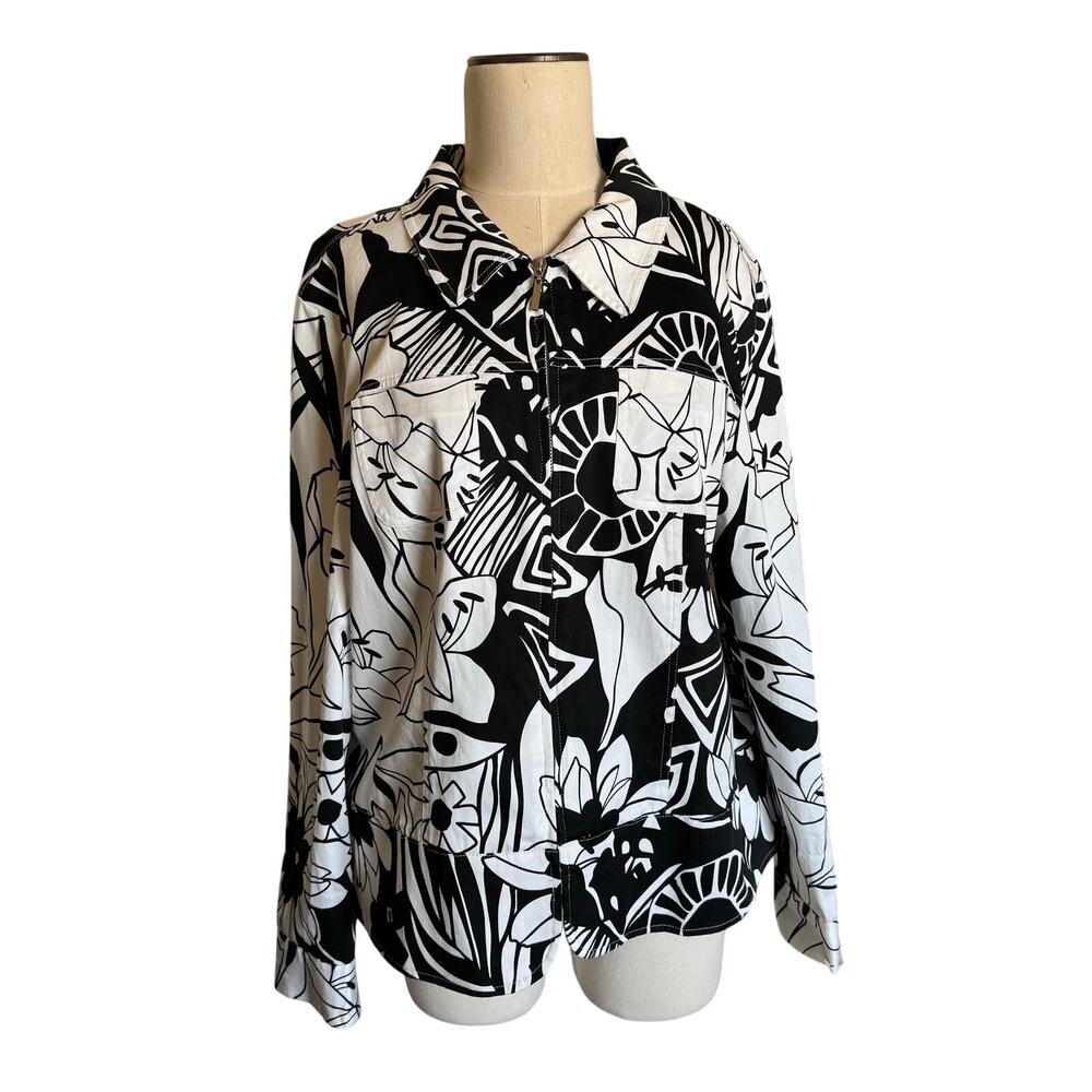 ELCC Jacket Womens XL Black White Floral Graphic Full Zip Long Sleeve Blazer